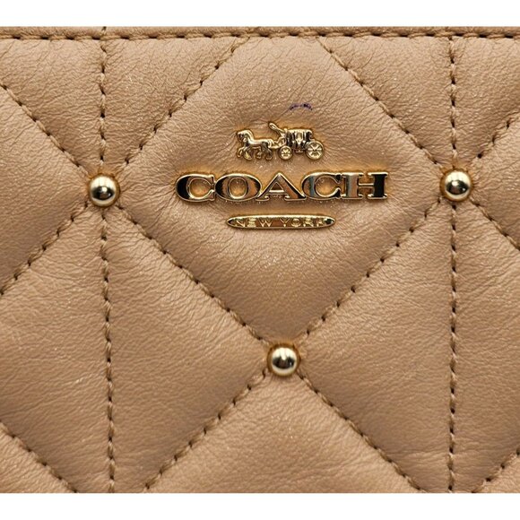 Coach Women's Tan Leather Accordion Zip Wallet Studded Diamond Quilting 354 - Picture 8 of 14